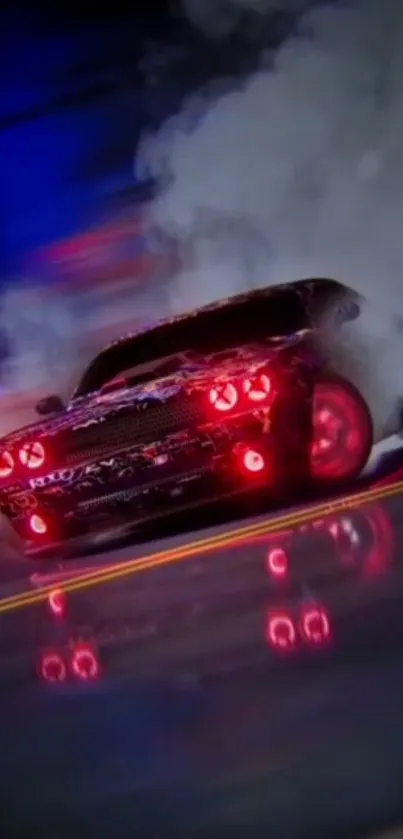 Drifting car with red lights on a smoky night road.