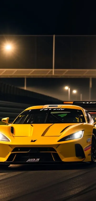 Yellow racing car driving on track at night.