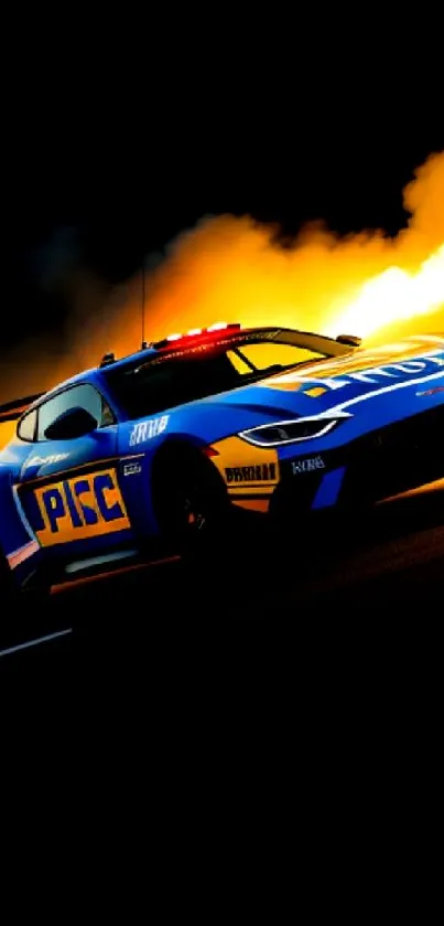 Racing car with flames in background.