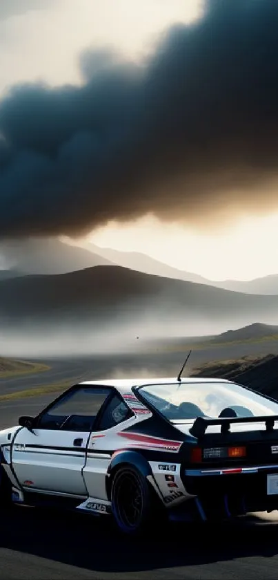 A racing car on a scenic mountain road with dramatic sky clouds.