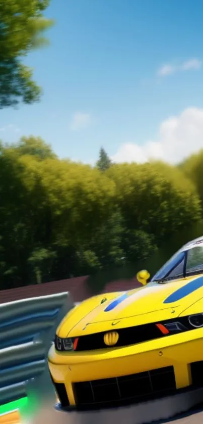 Yellow racing car speeding on a sunny race track.