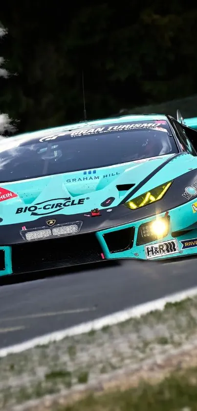 Sleek racing car speeding on track with teal highlights.