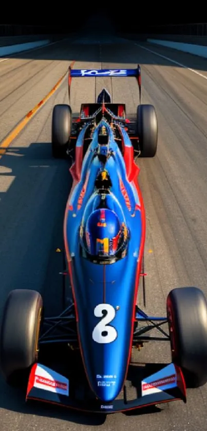 Blue racing car on track, vibrant and dynamic, perfect for mobile wallpaper.