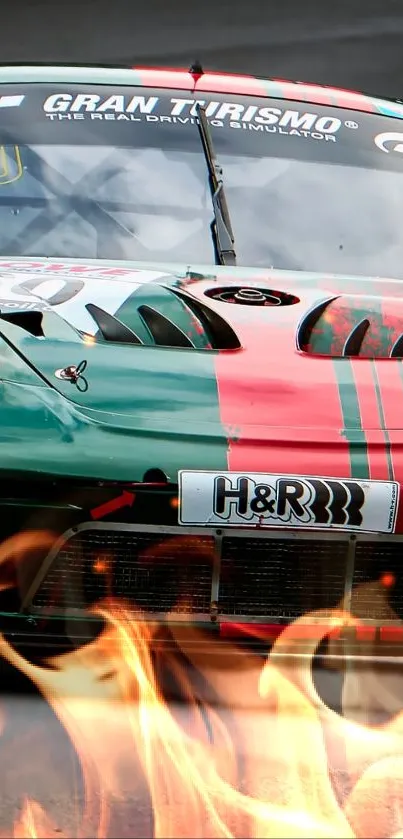 High-speed green racing car on track with red stripes.