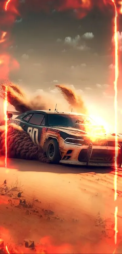 Racing car speeding through desert sandstorm.