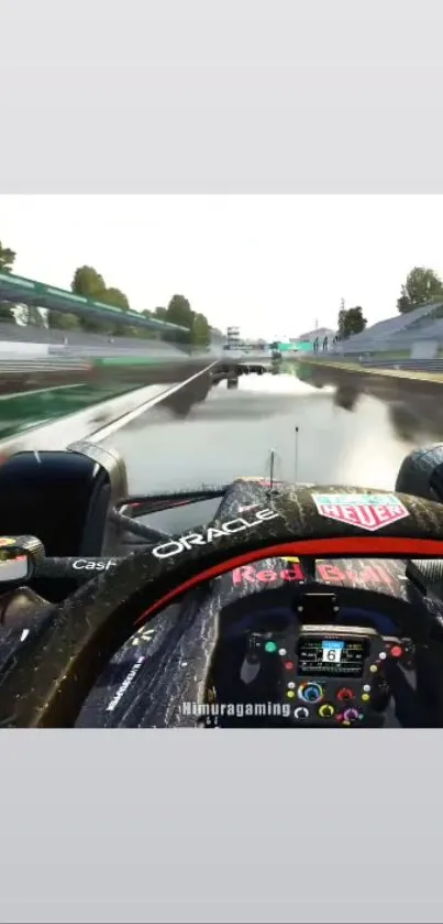 F1 racing car on wet track in action.