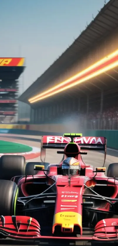 Red Formula 1 racing car speeding on track