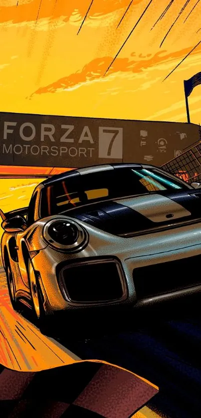 Motorsport car racing at sunset on track wallpaper.