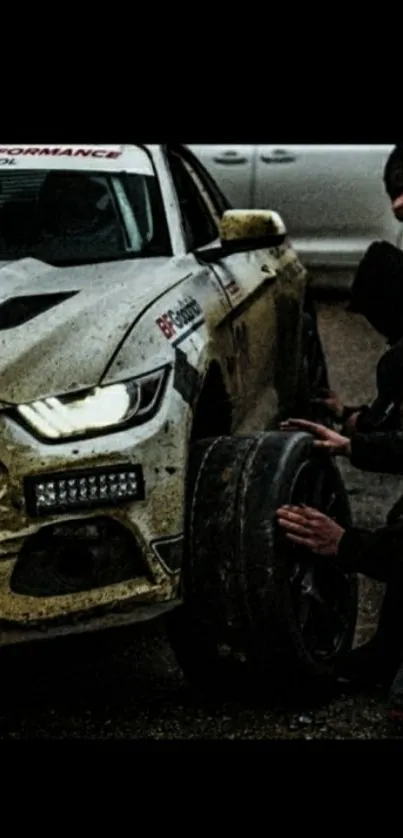 Mechanics change a racing car tire on the track.