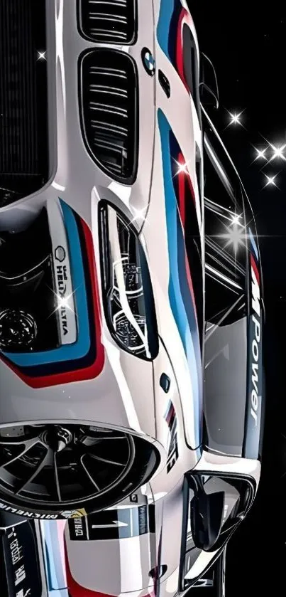 Sleek racing car with vibrant stripes against a dark background.