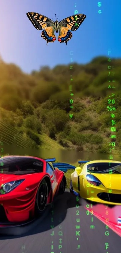 Racing cars with butterfly and digital code overlay.