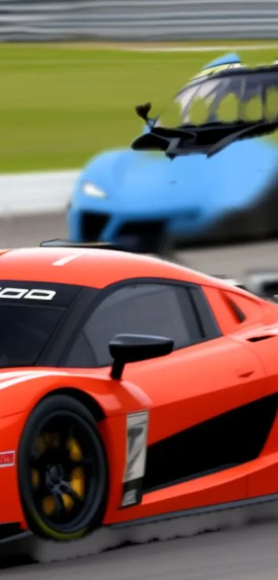 Vibrant racing cars speeding on track, capturing motion and excitement.