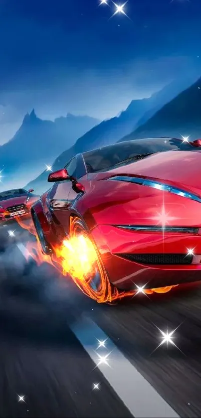 Exciting racing cars on a scenic highway with fiery motion, set against a mountain backdrop.