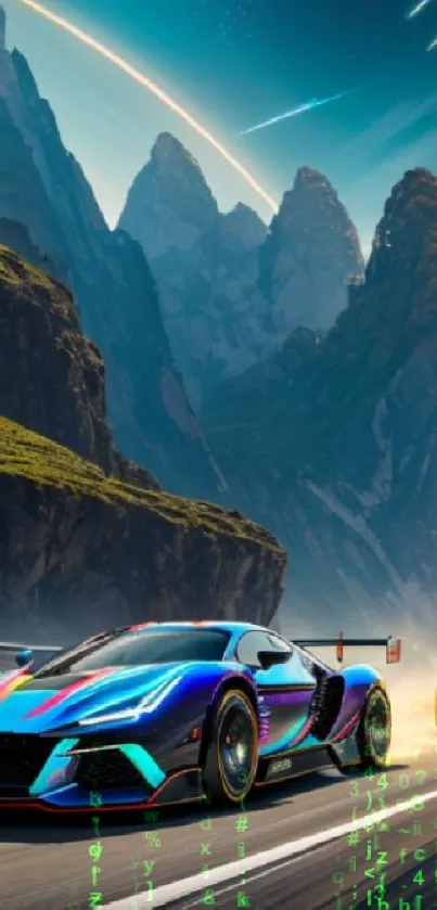 Vibrant racing cars on mountain road with scenic background.