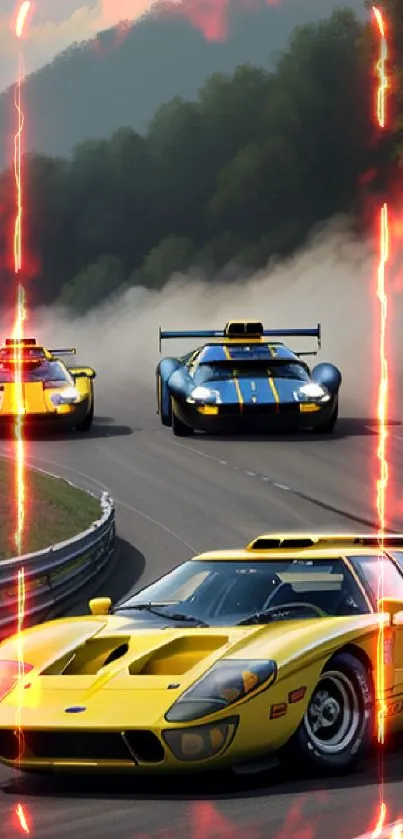 Dynamic scene of vintage racing cars on a curved track in vibrant colors.