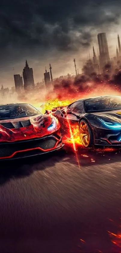 Two racing cars with fiery effects against a city backdrop.