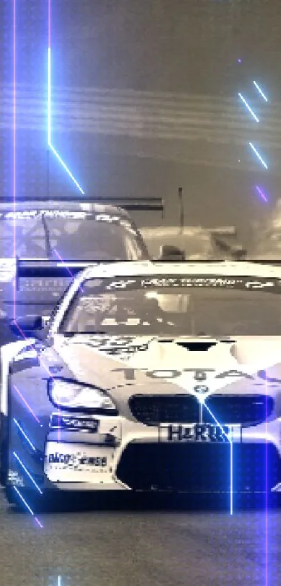 Sepia racing cars on a track in high speed motion.