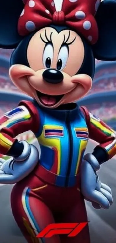 Cartoon character in a colorful racing suit on a track background.