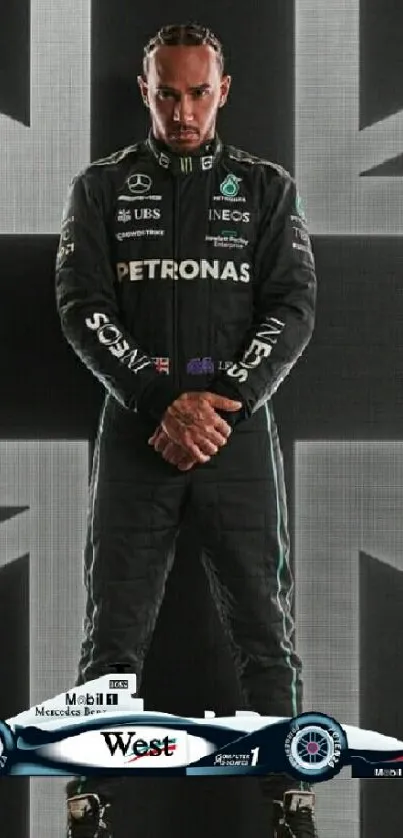 Racing champion stands before British flag background.