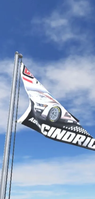 Racing flag waving against a clear blue sky with clouds.