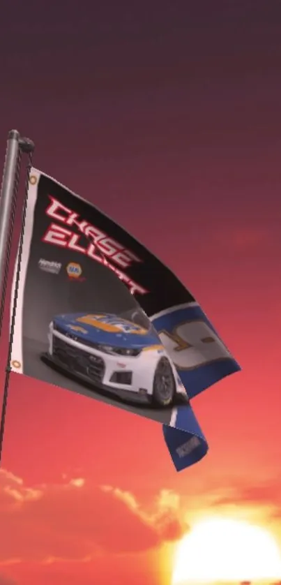 Race car flag against a vibrant sunset sky.