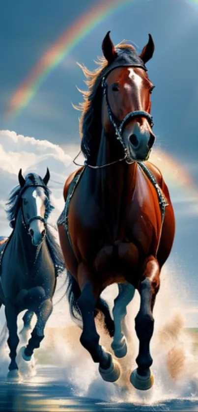 Two horses racing under a rainbow in a picturesque field.
