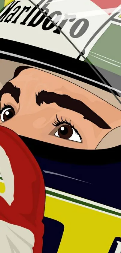 Artistic depiction of a racing legend in helmet.