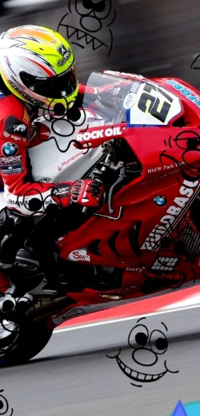 Motorcycle racer in red and yellow gear on track with dynamic speed.