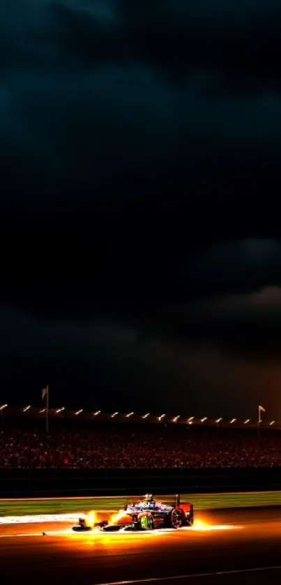 Nighttime racing car wallpaper with dramatic skies and bright track lights.