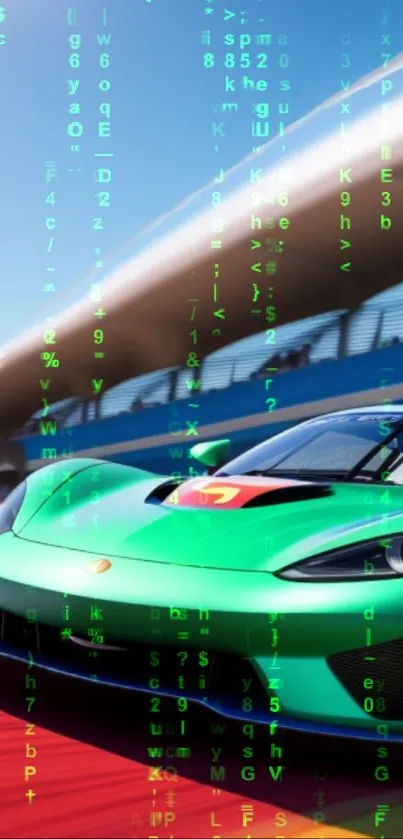 Futuristic racing car with matrix code overlay.