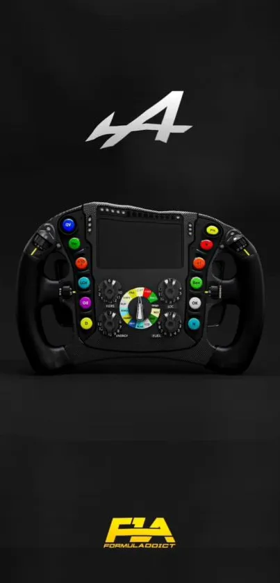 Colorful racing steering wheel on black background wallpaper.