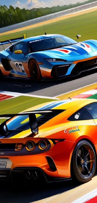 Two sleek racing supercars on track in vibrant and dynamic colors.