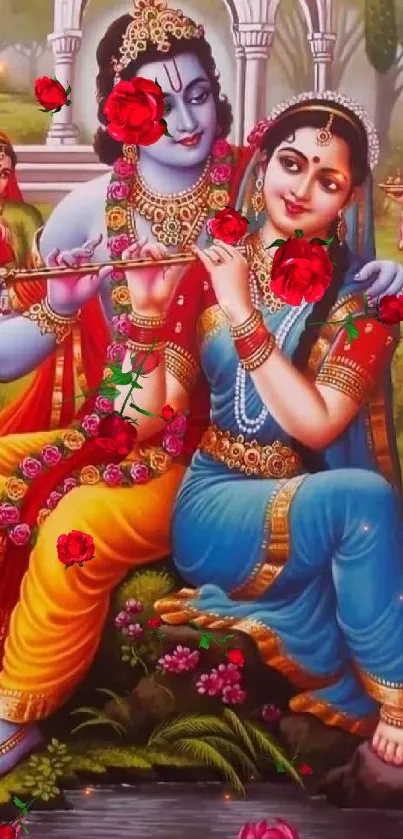 Radha Krishna artwork with vibrant colors and floral accents, ideal for spiritual themes.