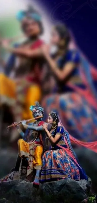 Radha Krishna vibrant mobile phone wallpaper with artistic style.