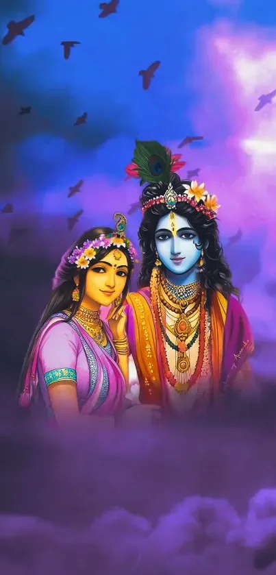 Radha Krishna artistic wallpaper with purple and blue hues, ideal for spiritual themes.