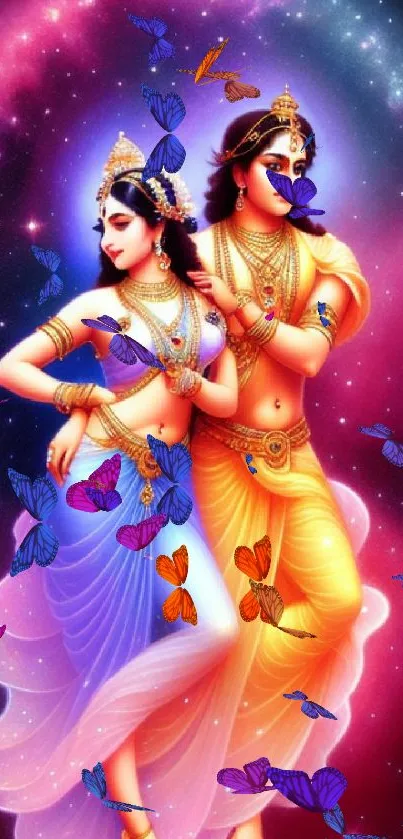 Radha Krishna depicted in vibrant cosmic scenery.