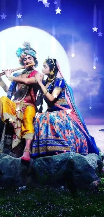 Radha and Krishna HD wallpaper with moonlit backdrop.