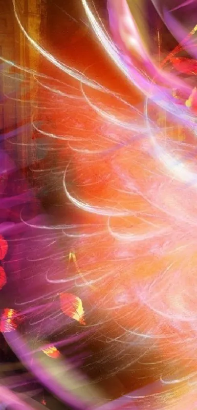 Vibrant abstract wallpaper with orange, pink, and purple swirling colors.