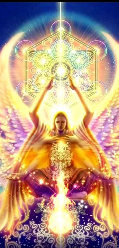 Colorful angelic figure with radiant golden wings and celestial patterns.