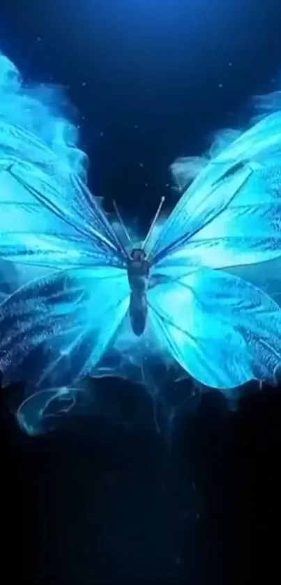 Radiant blue butterfly with glowing wings on a dark background.