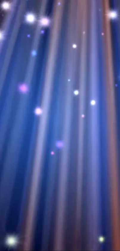 Mobile wallpaper with blue cosmic light beams and stars.