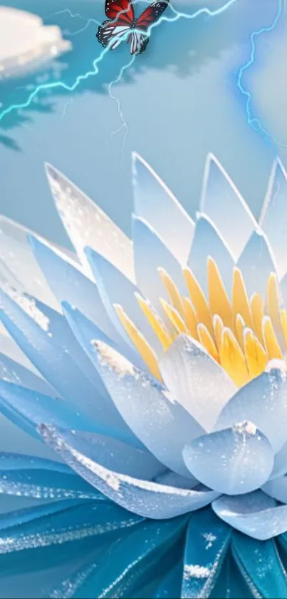 A blue lotus with dew drops and a butterfly, set against a serene background.