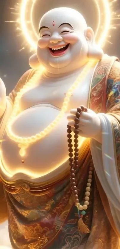 Radiant Buddha statue with glowing aura and peaceful expression.