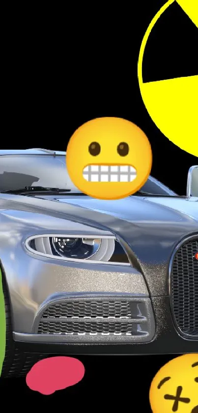 Silver car with emojis and hazard symbol on a dark background wallpaper.