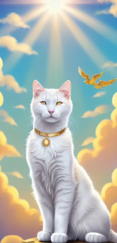 White cat and golden bird under a radiant sky with fluffy clouds.