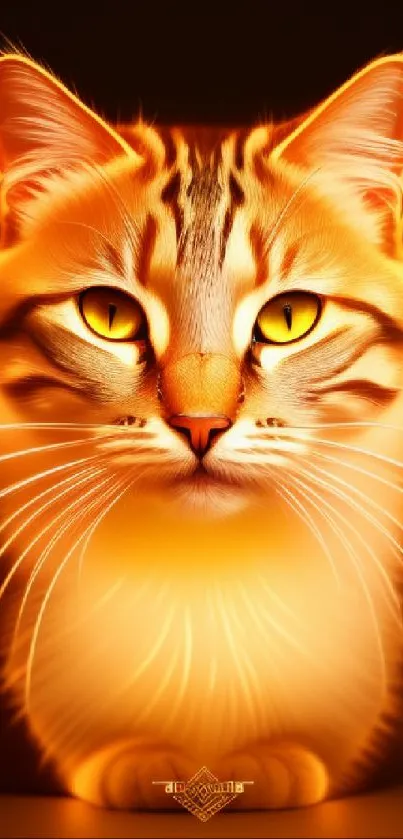 A glowing cat with vibrant golden hues on a mobile phone wallpaper.