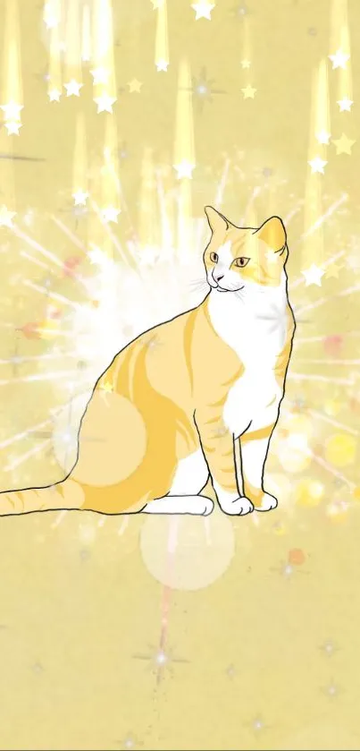 Radiant orange-and-white cat on yellow starry background wallpaper.