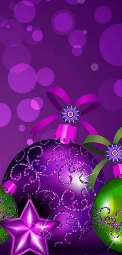 Purple and green Christmas ornaments with glitter details on a festive wallpaper.