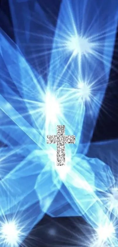 Radiant silver cross with blue abstract background and glowing lights.