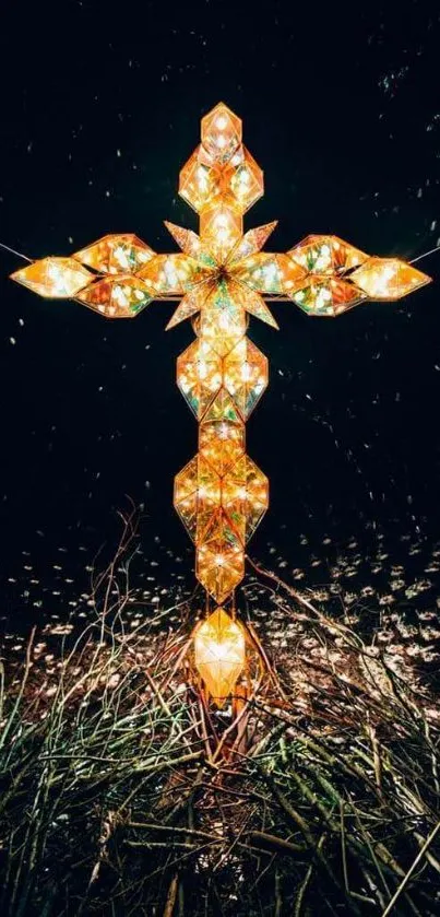 Radiant cross illuminated against a dark, starry night sky.